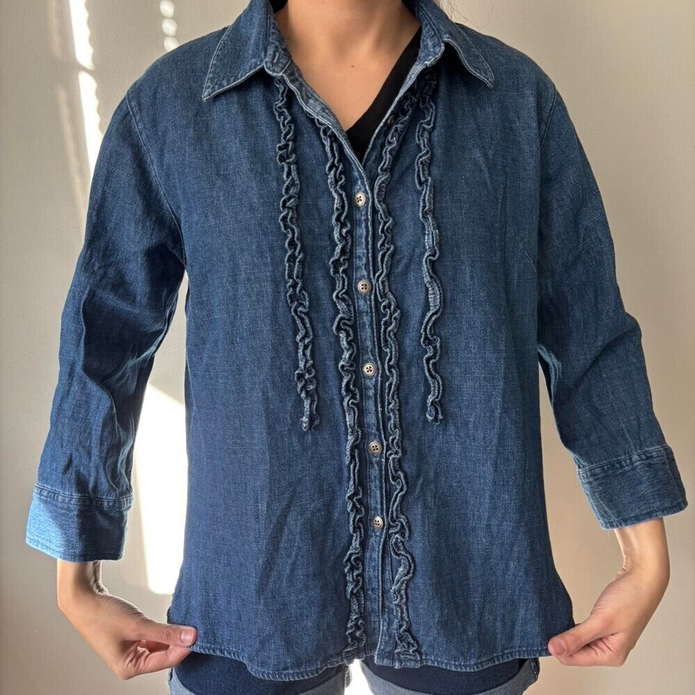 Vintage Faded Glory Boho denim Preppy button up Ruffle Cotton Jean shirt -Medium